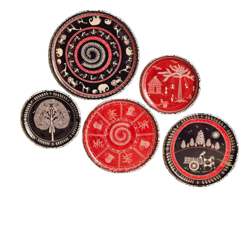 Ritualistic Warli Wall Plates For Home Decoration Set Of 5 Plates - Color: Multi