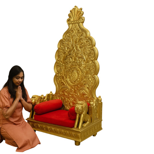 Wooden Guruji Chair with Lion Faces - Teak Wood, Golden, Velvet Upholstery, Polished Finish | Durable, Water-Resistant, Handcrafted, Ergonomic Design