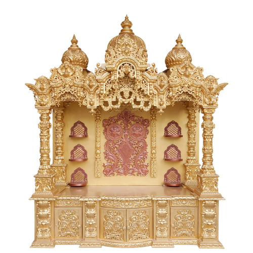 Wooden Mandir Design In Antique Gold - Color: Golden