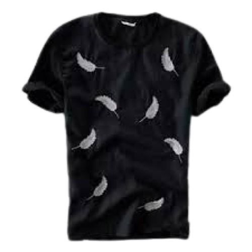 Black With White Mens Printed Round Neck Short Sleeve Casual Wear Cotton T Shirt