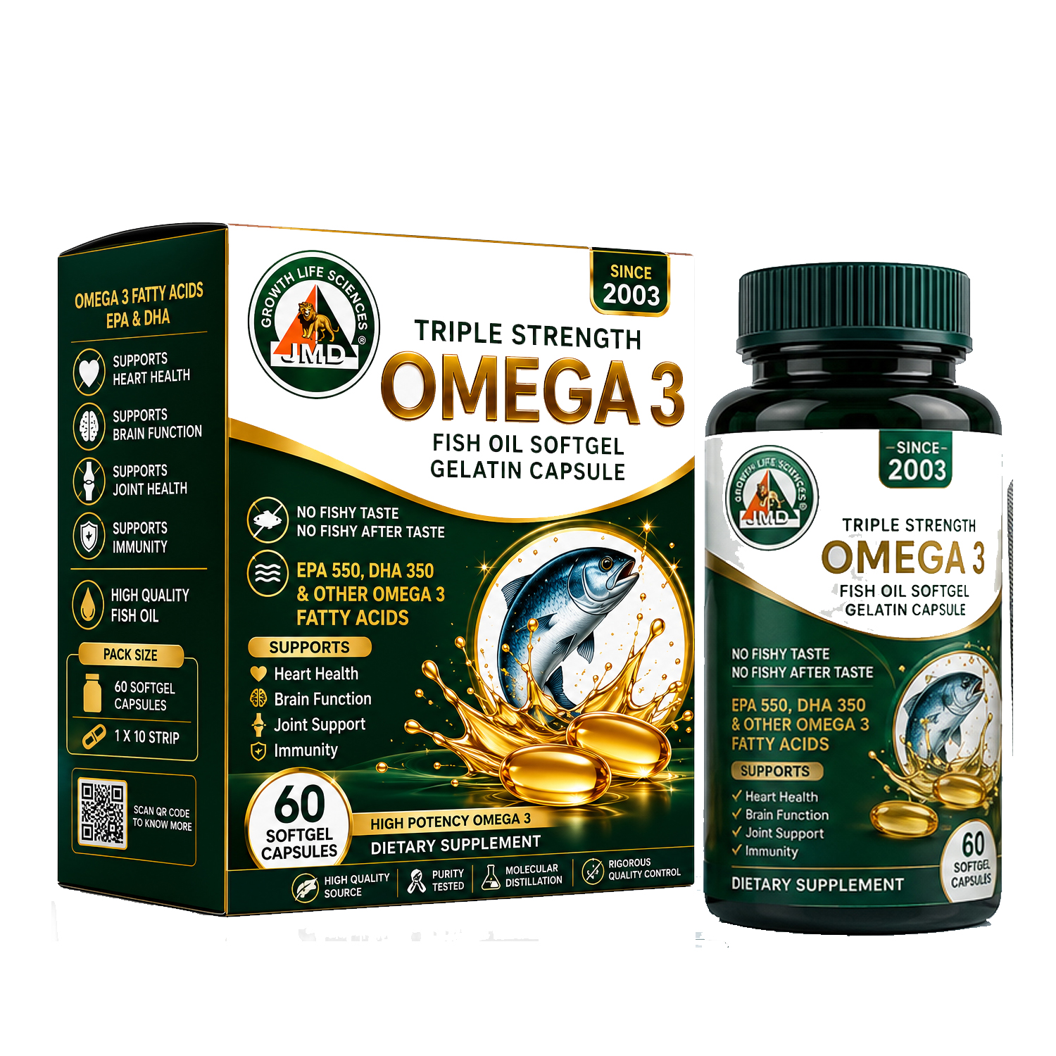 Triple Strength Omega 3 Fish Oil Softgel Capsules - 60 Count | Supports Bones Joints Heart Health Brain Function Diabetes Prevention Cancer Risk Reduction