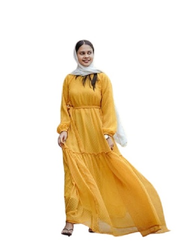 Vibrant Yellow Textured Maxi Dress - Butta Georgette, Full-Length Design with Elegant Ruffle Neck | High-Quality Textured Material, Anti-Wrinkle and Breathable Features