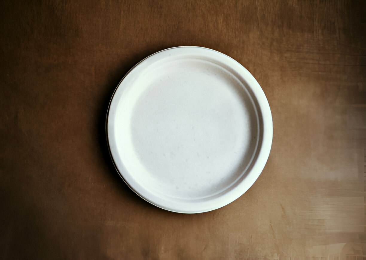 6 Inch Disposable Round Bagasse Plate - Color: White/ Of-White