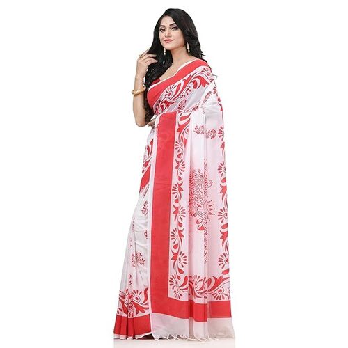 Womens Nabapatrika Design Handloom Pure Cotton Saree - Color: White & Red