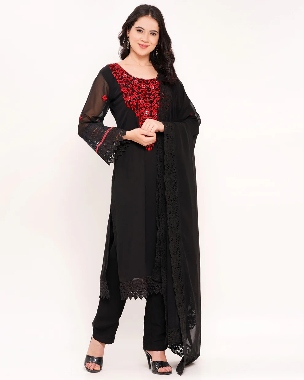 Georgette Black Suit Set With Red Embroidery & Mirror Work