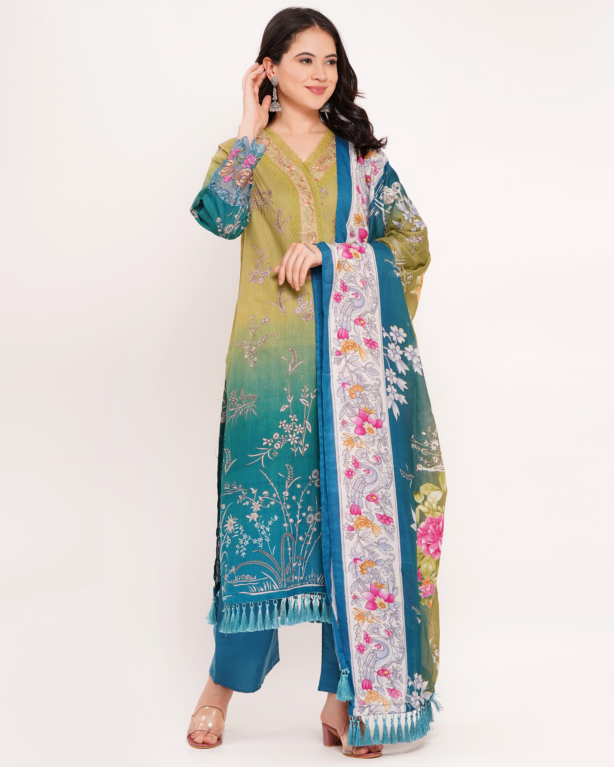 Lawn Cotton Pakistani Suit Green & Teal Ombre