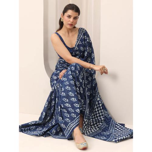 Indigo Printed Cotton Saree With Unstitched Blouse Piece