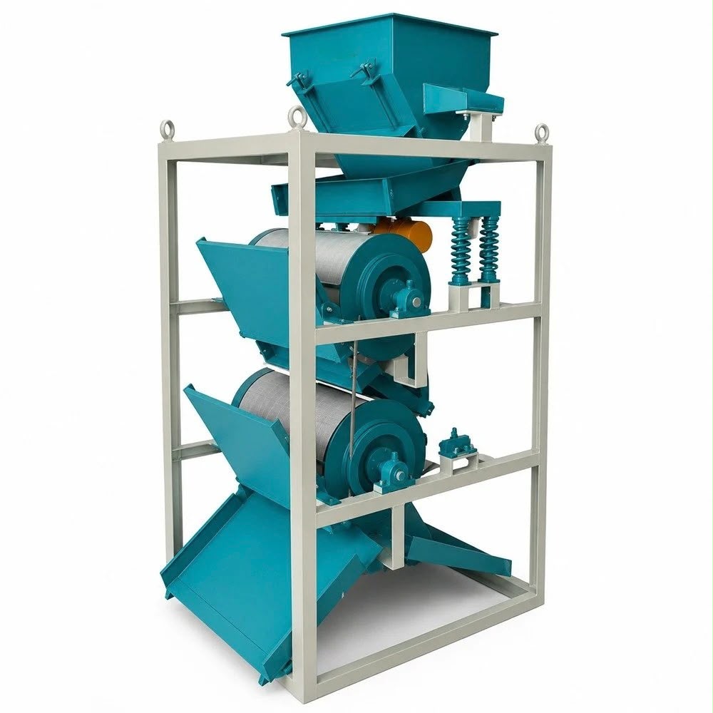 Double Drum Magnetic Separator - Stainless Steel 304, 300x600 mm, Silver, 2500 Gauss, Three Phase, Inline, Industrial