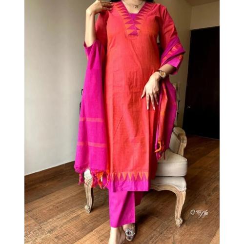 orange south cotton printed handloom kurta pant with dupatta