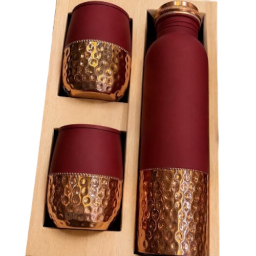 Coloured Pure Copper Bottles With 2 Tumblers And Hammered At Bottom - Capacity: 1 Ltr