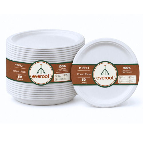 Everoot 11 Inch Round Disposable Bagasse Plate Pack Of 25 - Color: White