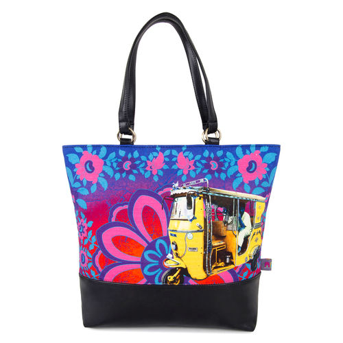 Multi Shekhawati Auto Rickshaw Canvas And Faux Leather Tote Bag