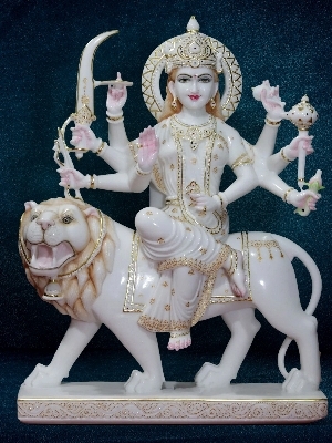 Goddess Durga Marble Statue - 3.5 Feet Seated In Glossy White Finish | Eco-friendly Durable Polished Surface Easy To Clean