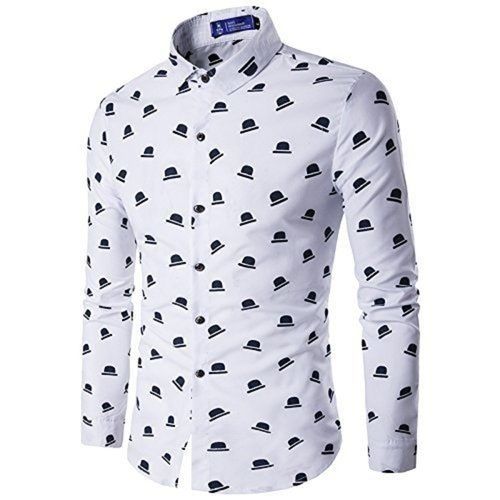 Mens Formal Wear Printed White With Black Full Sleeve Cotton Blend Shirt