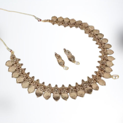 Fancy Gold Plated Copper Necklace Set With Earring For Wedding Wear