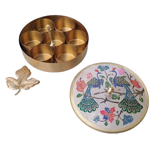 Meenakari Peacock Design Brass Spice Box