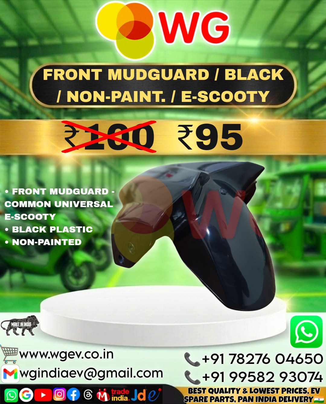 Black Non Paint E-Scooty Front Mudguard - Finish: Polished