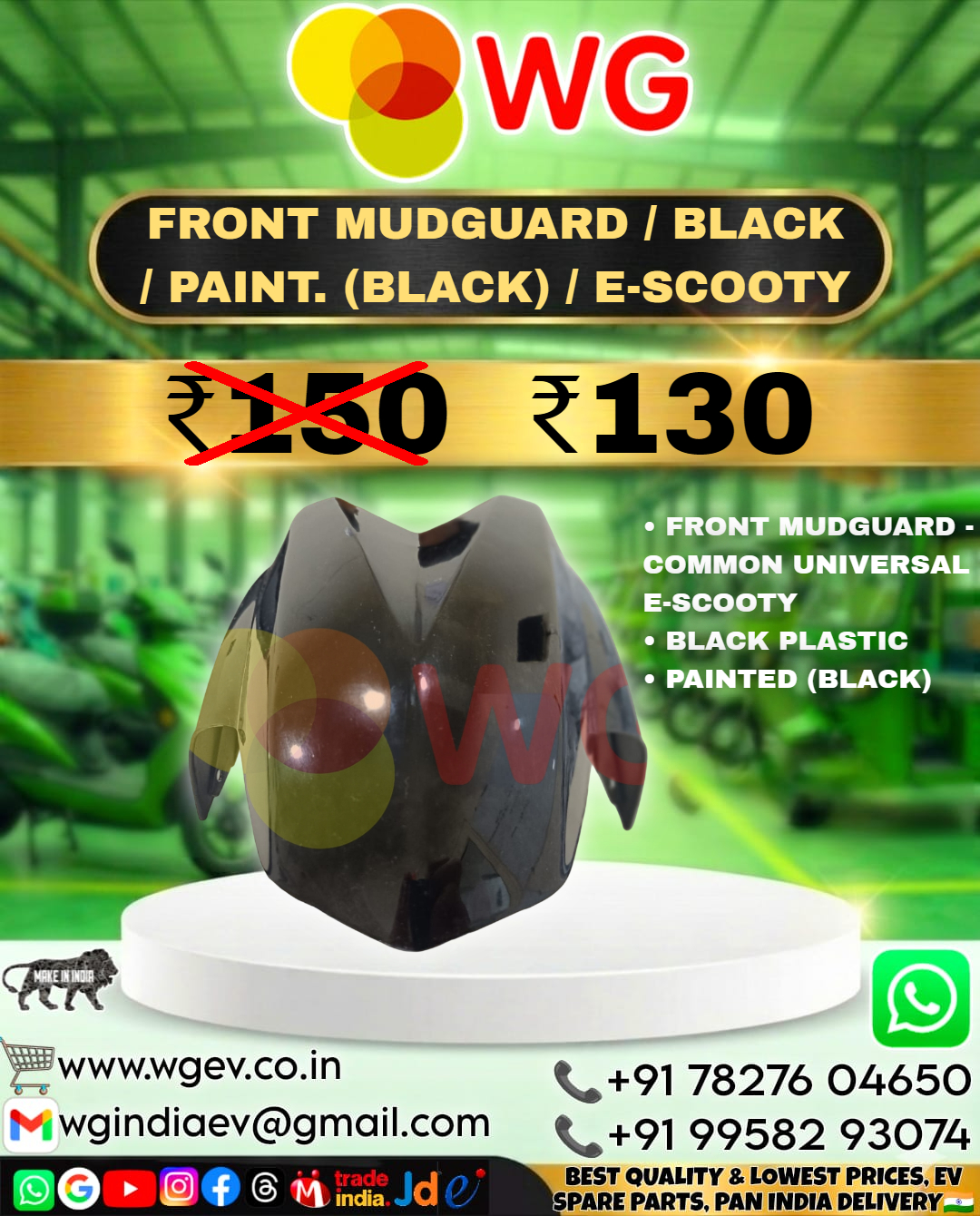 Front Mudguard / Black / Paint (Black) / E-Scooty - Durable Plastic, Standard Size, Black, Corrosion Resistant, Polished Finish, Universal Fit