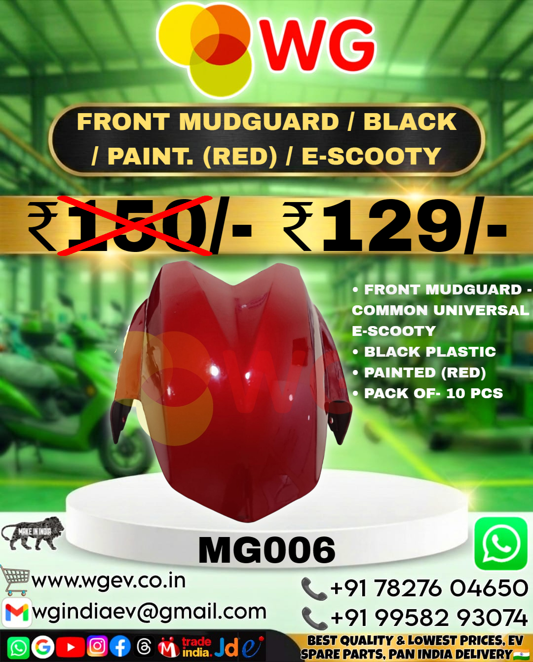 Black Paint Red E-Scooty Front Mudguard - Finish: Polished