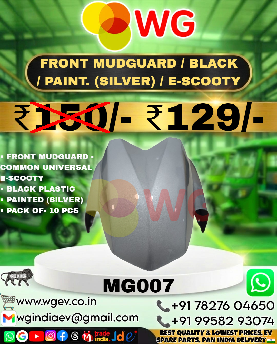 Black Paint Silver E-Scooty Front Mudguard - Finish: Polished