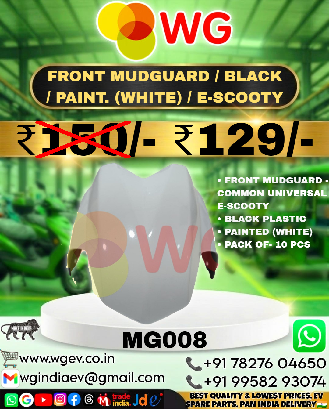 Black Paint White E-Scooty Front Mudguard - Finish: Polished