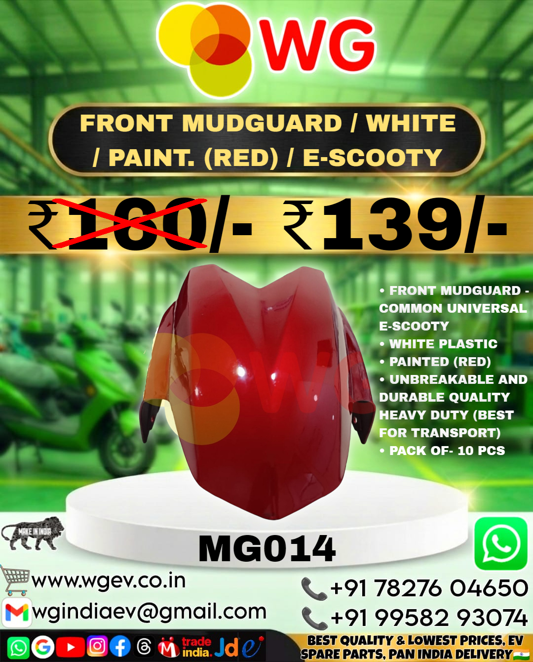 Red Paint E-Scooty Front Mudguard - Finish: Polished