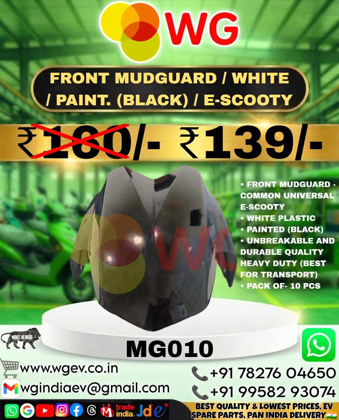 White Black Painted E-Scooty Front Mudguard - Finish: Polished