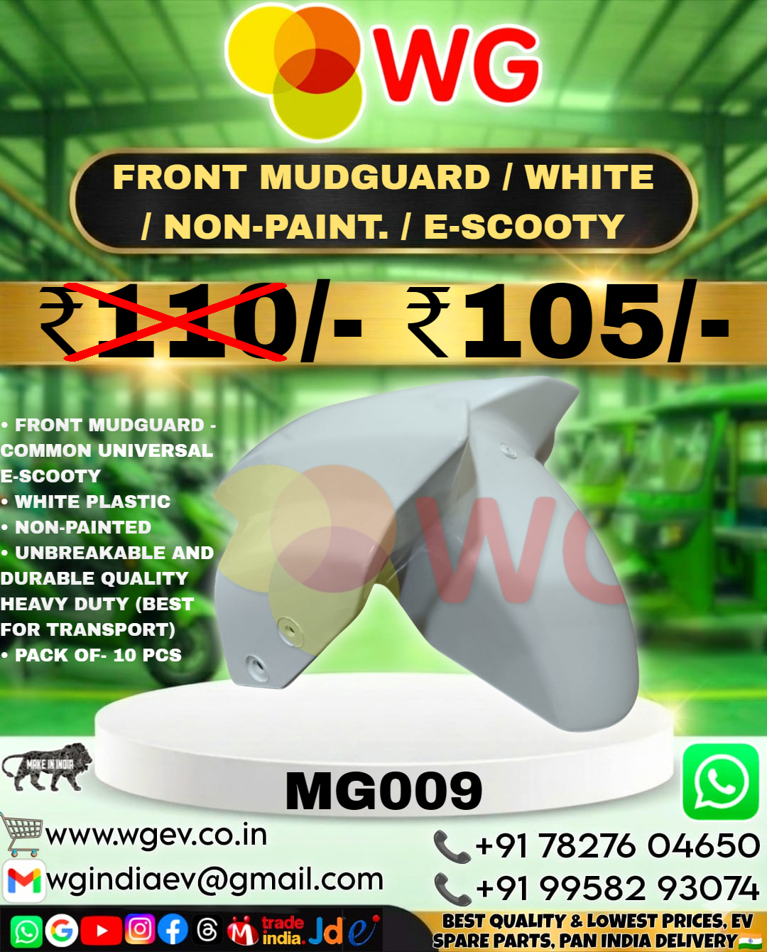 White Non Painted E-scooty Front Mudguard - Finish: Polished