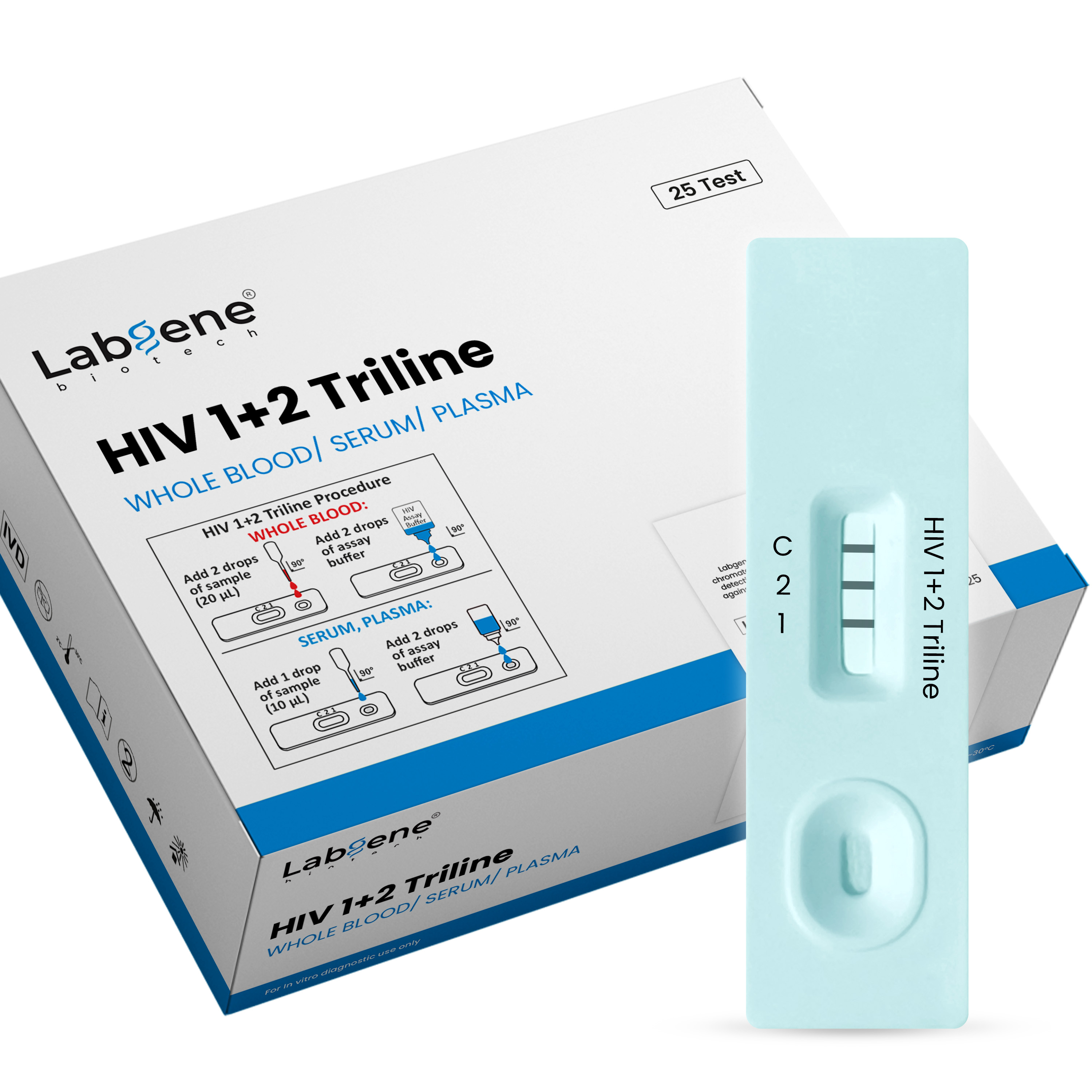 Labgene HIV 1+2 Triline Rapid Test Kit - Manual, Plastic, Lateral Flow Immunoassay | 100% Sensitivity, Fast 15-Minute Results, Easy to Use