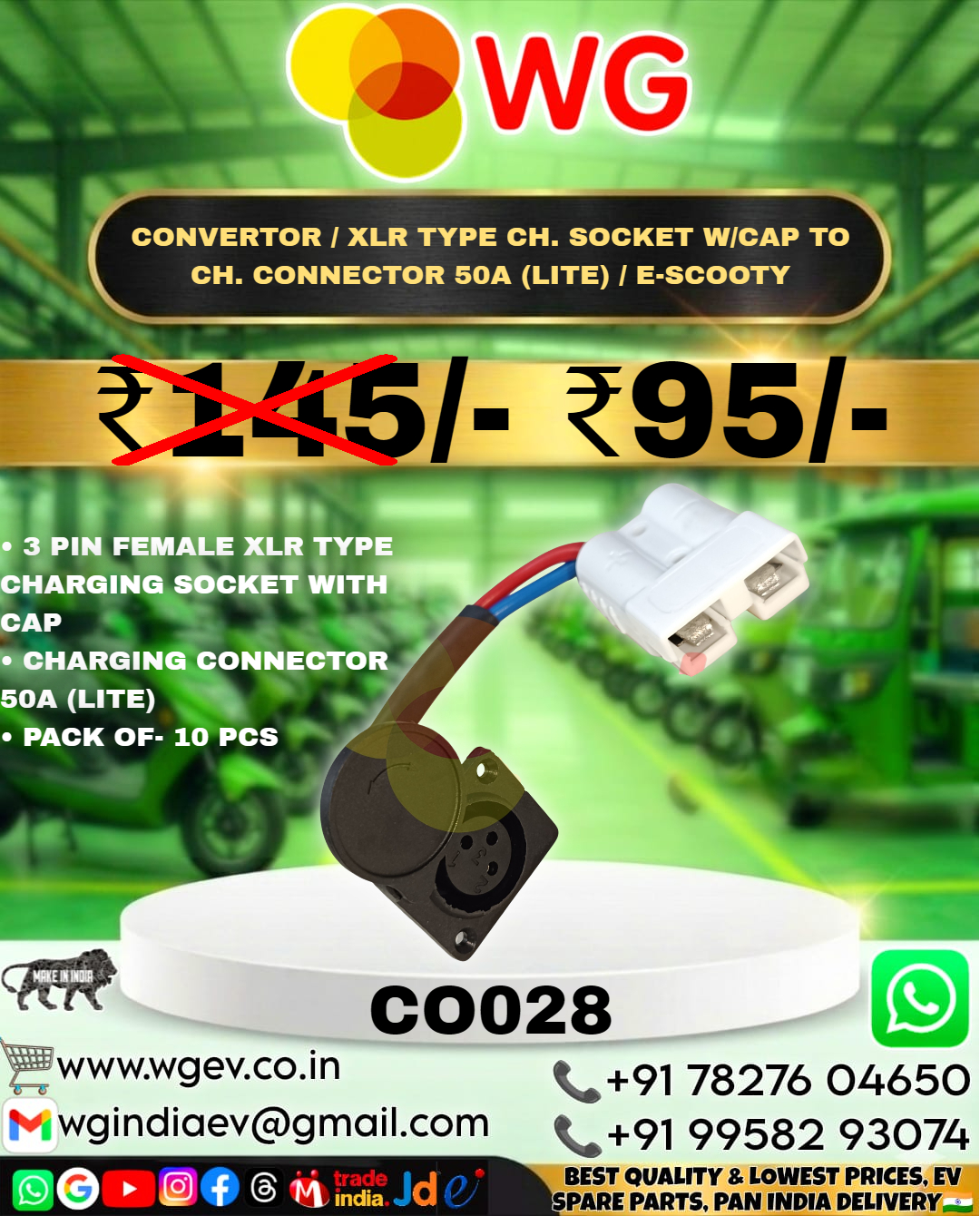Convertor / XLR Type Ch. Socket W/Cap To Ch. Connector 50A (Lite) / E-Scooty - Copper, Plastic, PVC, 3 Pin Female XLR Charging Socket, Durable