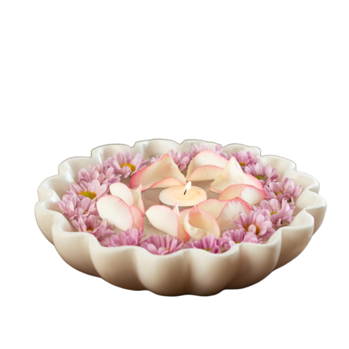 Ritualistic Leher Marble Urli For Flower Decoration - Color: White