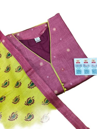 Pure Tussar Silk Semi Stitched Hand Woven Dress Material Suit Set