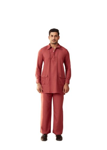 Rust Linen Cotton Co Ord Set For Men Kurta Set