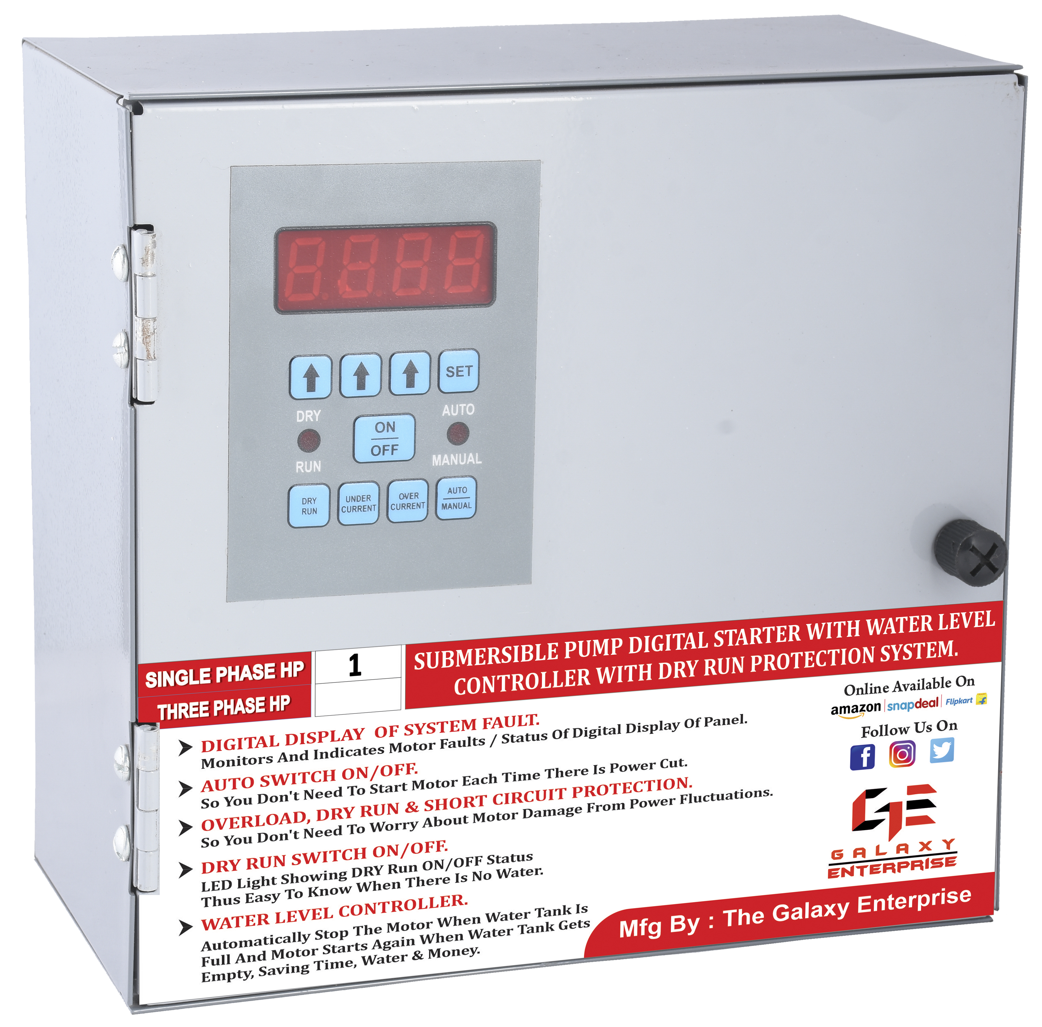 3 Phase Submersible Pump Digital Starter - Alloy Material, 440V Input Voltage, Grey Color | Short Circuit Protection, Digital Display, Automatic ON & OFF, 12 Months Warranty