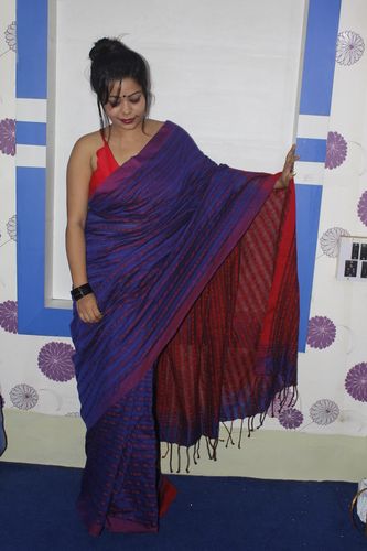 Blue And Red Khadi Fish Motive Sarees