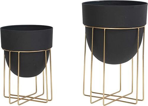Multipurpose Black Coated With Gold Plated Stand Iron Planter Set of 2 For Garden and Floor Decoration