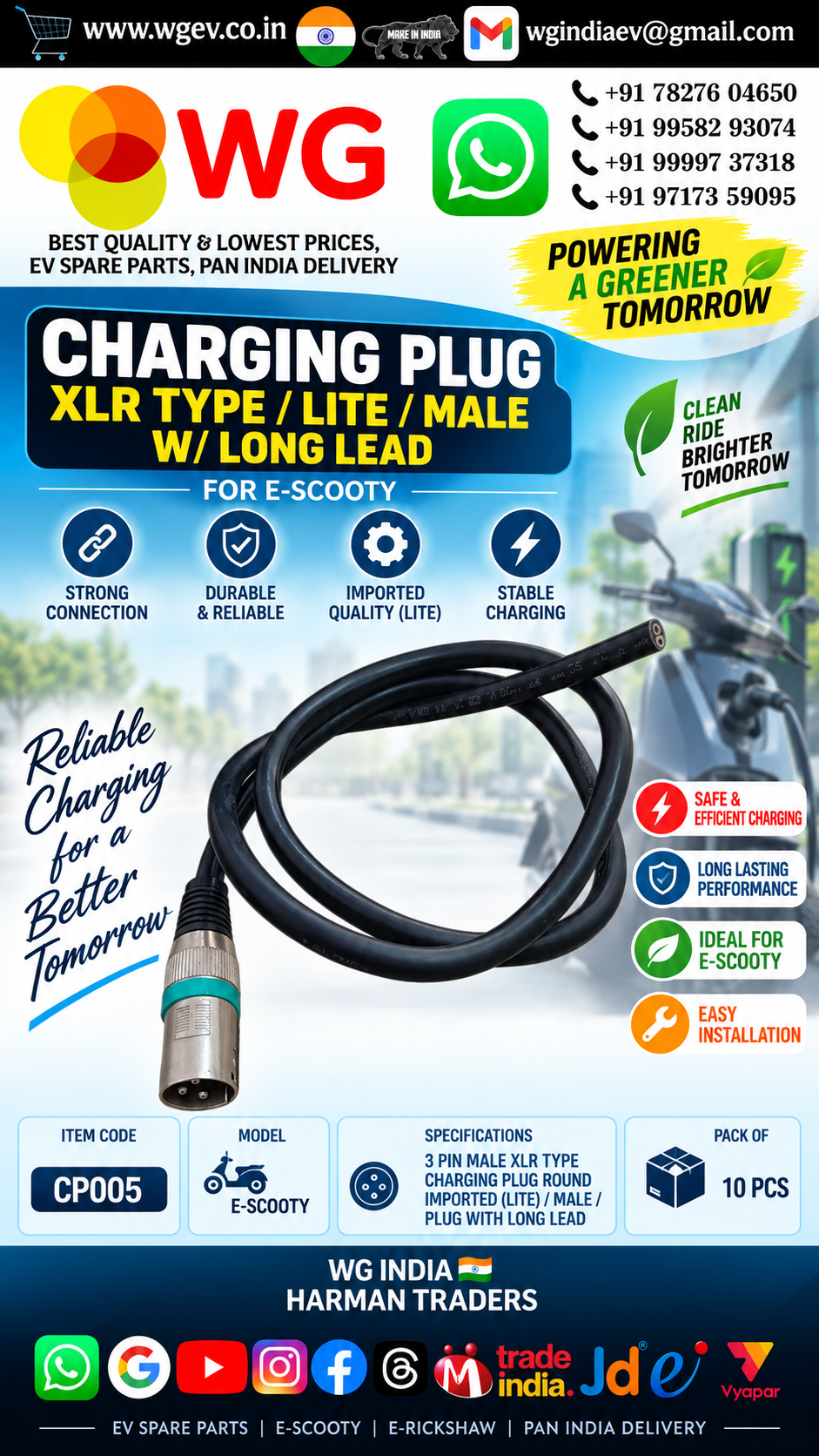 Charging Plug Xlr Type Lite Male W/Long Lead For E-Scooty - Material: Plastic And Metal