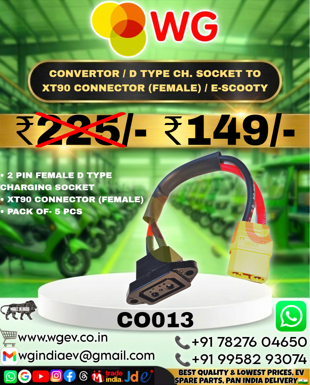 Convertor / D Type Ch. Socket To Xt90 Connector (Female) / E-Scooty - Copper, Plastic, PVC Material, 2 Pin Female D Type Charging Socket, XT90 Connector