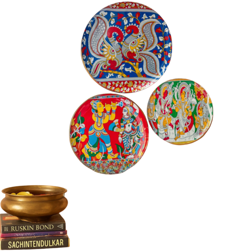 Ritualistic Kalamkari Madhubani Wall Plates Set Of 3 Plates - Color: Multi