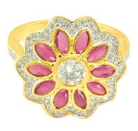 Red Look Stone & Cz Gold Plated Ring