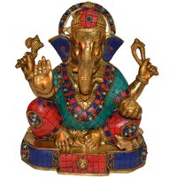Coral Stone Work Sitting Lord Ganesha Statue