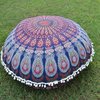 Indian Cotton Ottoman Handmade Mandala Peacock Round Floor Cushion Cover