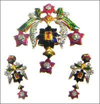 Sparking Cascade Of Colourful Earring And Pendant Set With Meena Work