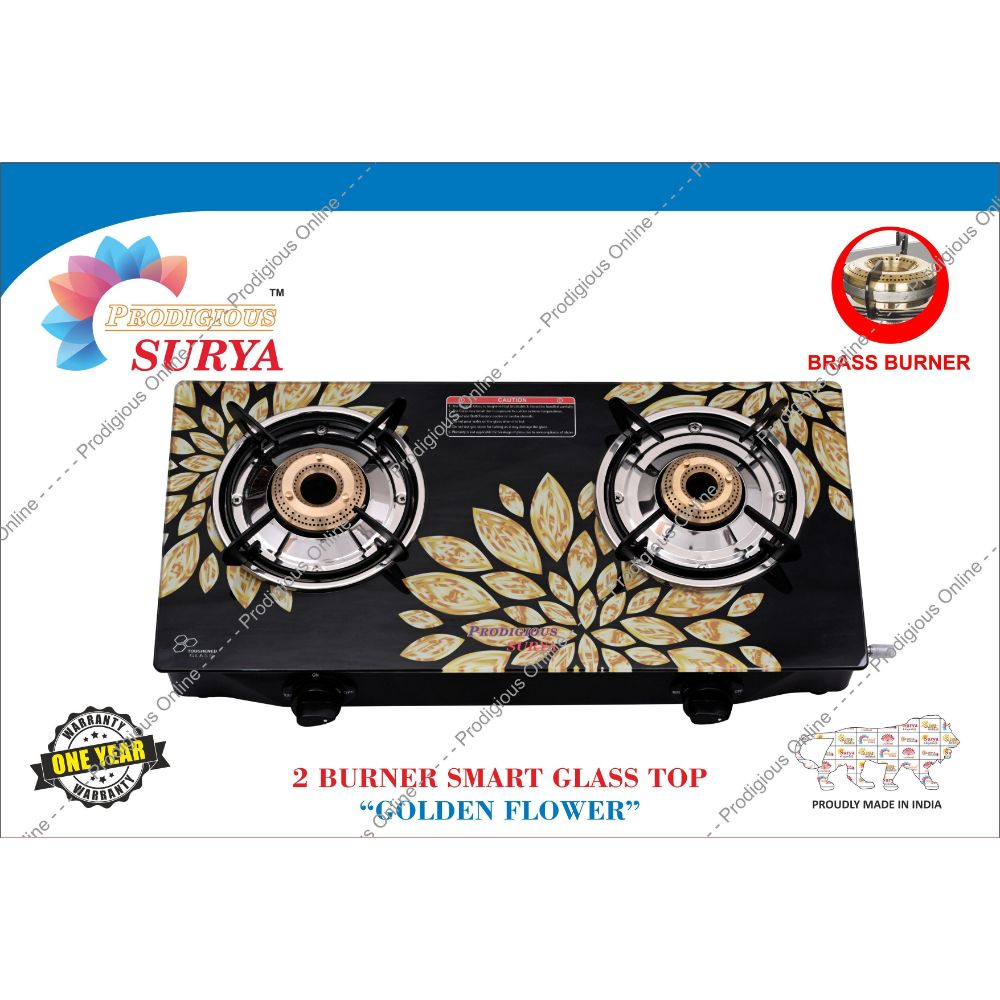Prodigious Surya 2 Burner Smart Digital Glass Top Gas Stove - Brass Cut Size - Golden Flower