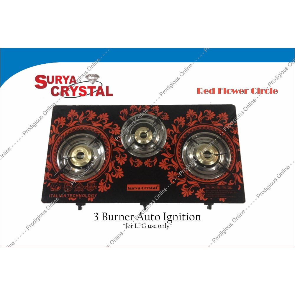 Surya Crystal 3 Burner Digital Glass Top Gas Stove With Auto Ignition - Red Flower Circle
