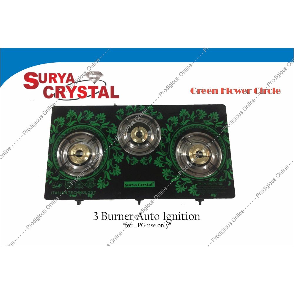 Surya Crystal 3 Burner Digital Glass Top Gas Stove With Auto Ignition - Green Flower Circle