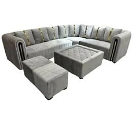 L Shape 7 Seater Fabric Sofa Set 2 2 3 With Tea Table 2 Puffy Graypre Assembled