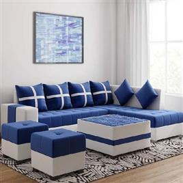 L Shape 7 Seater Fabric Sofa Set 34 With Tea Table 2 Puffy Bluepre Assembled, Primary Color: Blue