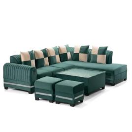 L Shape 7 Seater Fabric Sofa Set 34 With Tea Table 2 Puffy Greenpre Assembled, Maximum Load Capacity: 1000 kgs